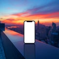 Mobile Device on City Rooftop Sunset Blank Screen Royalty Free Stock Photo