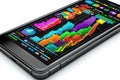Mobile device displaying colorful financial data charts and graphs Royalty Free Stock Photo