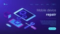 Mobile device repair concept isometric 3D landing page.