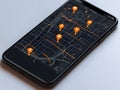 Smartphone interface displaying minimalist black city map with orange marker icons Royalty Free Stock Photo