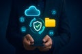 Mobile device showing secure cloud backup and synchronized folder with protection badge Royalty Free Stock Photo