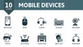 Mobile Devices icon set. Contains editable icons wireless devices theme such as smartphone, headset, web camera and more