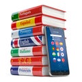 Mobile dictionary, translator and e-learning.concept . Learning languages online. Smartphone and books with language courses