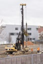 Prostejov Czech Rep 21st Jan 2017. Mobile drilling machine rig at a construction site with workers around