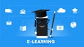 Mobile E-Laerning Conceptual Vector Illustration Online Education Advantage Points Cartoon Smartphone In Grad Hat
