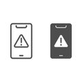 Mobile with exclamation mark in triangle line and solid icon, smartphone concept, smartphone warning alert sign on white Royalty Free Stock Photo