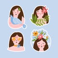 Female sticker set. Harmony with the nature. Funny portraits of girl in nature. Vector illustration Royalty Free Stock Photo