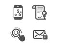 Mobile finance, Reject certificate and Seo target icons. Secure mail sign. Vector