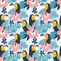 Floral background with tropical flowers, leaves and toucans. Vector seamless pattern