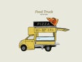 Mobile food truck. Van with pizza. Vector illustration.