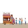 Mobile food Van, Coffe Food Truck vector, barista salesman, characters, men and women stand in line for coffee, and