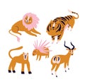 Funny wild animals isolated on the white background. Cute tiger, lion, monkey,  antelope and porcupine. Design elements Royalty Free Stock Photo