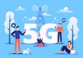 Mobile 5g connection. People with smartphones use high speed internet, fifth generation network and coverage zone vector Royalty Free Stock Photo