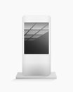 Mobile gadget on stand. Digital white device with dark lcd screen and reflections.