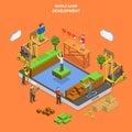 Mobile game development flat isometric vector.