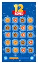 Mobile game screen with 12th level banner, winter theme, cookies and hearts match 3. Casual match three game interface