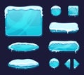 Mobile game ui template in cartoon style. Glossy buttons and panels with ice and snow caps