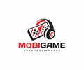 Mobile gaming logo design. Smartphone with headphones vector design Royalty Free Stock Photo