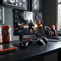 Mobile Gaming Setup with Phone Mounted on Controller and Backlit Accessories in a Dark Room Scene Royalty Free Stock Photo