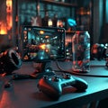 Mobile Gaming Setup with Phone Mounted on Controller and Backlit Accessories in a Dark Room Scene Royalty Free Stock Photo