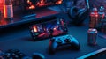 Mobile Gaming Setup with Phone Mounted on Controller and Backlit Accessories in a Dark Room Scene Royalty Free Stock Photo
