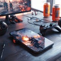 Mobile Gaming Setup with Phone Mounted on Controller and Backlit Accessories in a Dark Room Scene Royalty Free Stock Photo