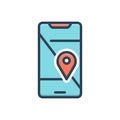 Color illustration icon for mobile geo localization, pin and direction