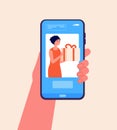 Mobile gift service. Buy present by phone, digital online store. Woman holding box parcel on screen. Flat delivery app Royalty Free Stock Photo