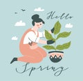 Girl gardening plant. Young Woman working in garden or farm. Vector Illustration with lettering