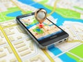 Mobile GPS navigation concept. Smartphone on map of the city, Royalty Free Stock Photo