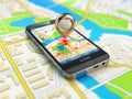 Mobile GPS navigation concept. Smartphone on map of the city,