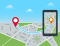 Mobile gps navigation and location tracking app concept. Black smartphone with city map and pin marker on touch screen isolated on Royalty Free Stock Photo