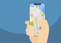 Mobile GPS navigation and routing concept with hand holding modern bezel-free smartphone. Vector illustration