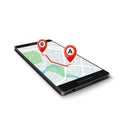 Mobile GPS system concept. Mobile GPS app interface. Map on phone screen with route markers. Vector illustration