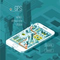 Mobile gps and tracking concept. Location track app on touchscreen smartphone, isometric city map Royalty Free Stock Photo