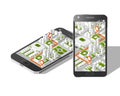 Mobile gps and tracking concept. Location track app on touchscreen smartphone, on isometric city map Royalty Free Stock Photo