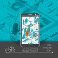 Mobile gps and tracking concept. Location track app on touchscreen smartphone, on isometric city map Royalty Free Stock Photo