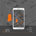 Mobile gps and tracking concept. Location track app on touchscreen smartphone, on isometric city map Royalty Free Stock Photo