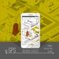 Mobile gps and tracking concept. Location track app on touchscreen smartphone, on isometric city map Royalty Free Stock Photo