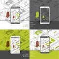 Mobile gps and tracking concept. Location track app on touchscreen smartphone, on isometric city map background. Royalty Free Stock Photo