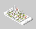 Mobile gps and tracking concept. Location track app on touchscreen smartphone, on isometric city map background.