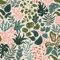 Greenery seamless pattern in hand-drawn style. Vector repeating background with tropical leaves and plants