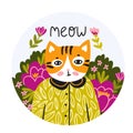 Hand drawn vector illustration of a kawaii funny cat in  a blooming garden.  Design concept for children print Royalty Free Stock Photo