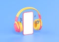 Mobile headphones with phone and song notes 3d render illustration - wireless earphone, smartphone with white display