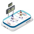 Mobile ice hockey, flat vector illustration. Isometric sport rink, players, scoreboard on smartphone screen. Online game