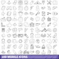100 mobile icons set, outline style Royalty Free Stock Photo