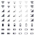 Mobile interace icons, battery charge, wi-fi signal, mobile signal level icons set