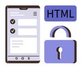 Mobile Interface with Checklists, HTML Tag, and Lock Padlock Representing Web Security Royalty Free Stock Photo