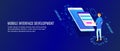 Mobile interface development, application, programmer working on mobile app development concept. Flat design vector banner. Royalty Free Stock Photo