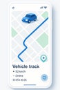 Mobile interface displaying car speed, online status, estimated arrival time, and location using real-time tracking navigation on Royalty Free Stock Photo